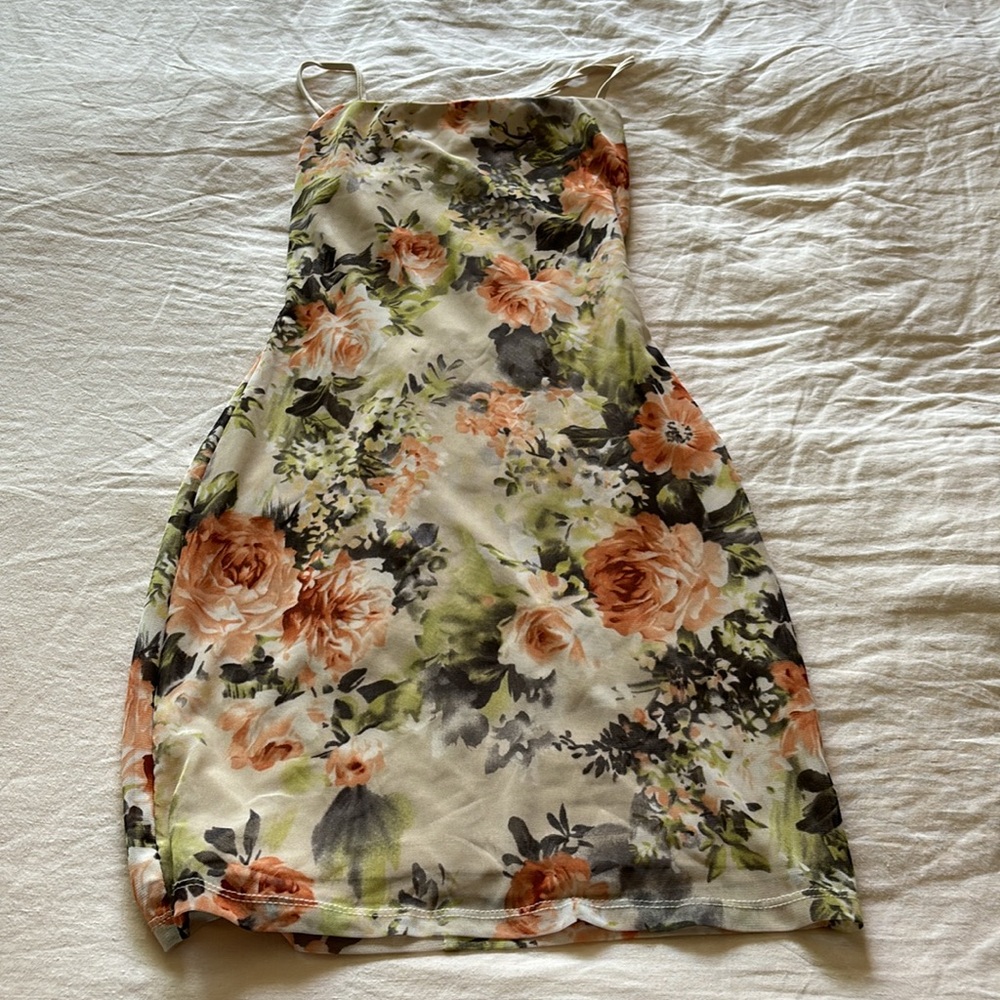 Floral Mesh Peach Mini Dress with Low Back Criss Cross Straps